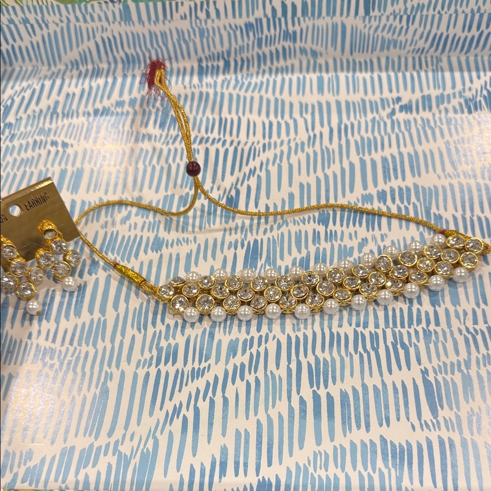 Gold Crystal and Pearl Choker Necklace